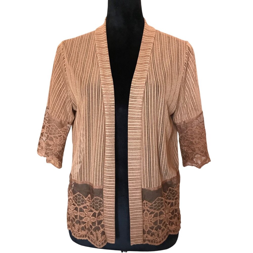 Lightweight Sheer Open Front Lacy Cardigan 3/4 Sleeves, Copper Brown Size Small